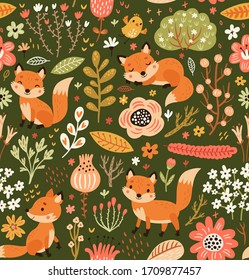 Floral forest seamless pattern with foxes.