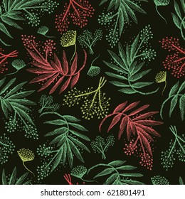 Floral forest seamless pattern. Wild Flowers and leaves on dark background. Herbal botanical illustration