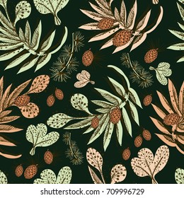 Floral forest seamless pattern. Wild Flowers and leaves background. Herbal botanical illustration.