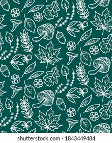 Floral forest wood leafs mushrooms seamless vector pattern