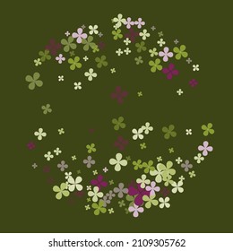 Floral Fourtune Lucky Vibrant Illustration. Spring Bright Greenery Simple Summer Backdrop. Pastel Saint Patrick Holidays Clovers Nature Confetti. Flowers Green Vivid Purple Dark Wallpaper.