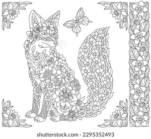 Floral fox. Adult coloring book page with fantasy animal and flower elements