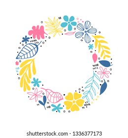 Floral frame with abstract flowers drawn with ink and brush in the form of a circle and place for text. Vector illustration.