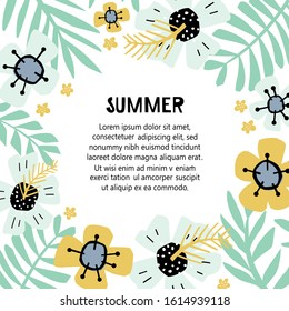 Floral frame with abstract flowers and place for text in green and yellow colors. Vector illustration for postcard or greeting card design.