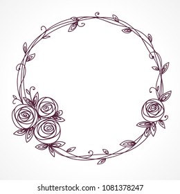 Floral frame. Abstract line elegant element for wedding , birthday, valentines day and other romantic design. Wreath of rose flowers