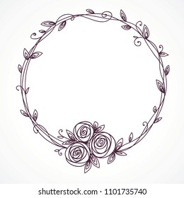 Floral frame. Abstract line elegant element for wedding , birthday, valentines day and other romantic design. Wreath of rose flowers