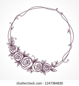 Floral frame. Abstract line elegant element for wedding , birthday, valentines day and other romantic design. Wreath of rose flowers