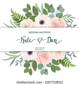 Floral frame with anemone, rose and eucalyptus. For wedding, Valentine's day, Birthday. Vector illustration. Watercolor style