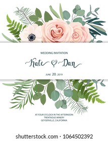 Floral frame with anemone, rose and eucalyptus. For wedding, Valentine's day, Birthday. Vector illustration. Watercolor style