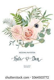 Floral frame with anemone, rose and eucalyptus. For wedding, Valentine's day, Birthday. Vector illustration. Watercolor style