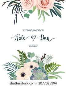 Floral frame with anemone, rose and eucalyptus. For wedding, Valentine's day, Birthday. Vector illustration. Watercolor style