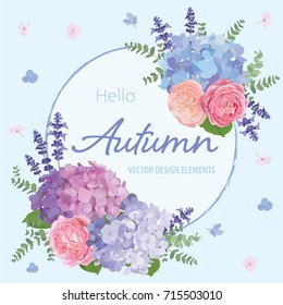 Floral frame with autumn hydrangea flowers, rose, lavender, and leaf on blue in the background. Vector set of blooming flower for your design. Adornment for wedding invitations and greeting card.