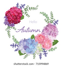 Floral frame with autumn hydrangea flowers, rose, lavender, and leaf on white background. Vector set of blooming flower for your design. Adornment for wedding invitations and greeting card.