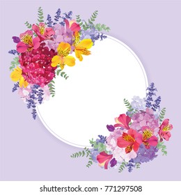 Floral frame with autumn hydrangea flowers, alstroemeria lily, lavender, and leaf on blue in the background. 