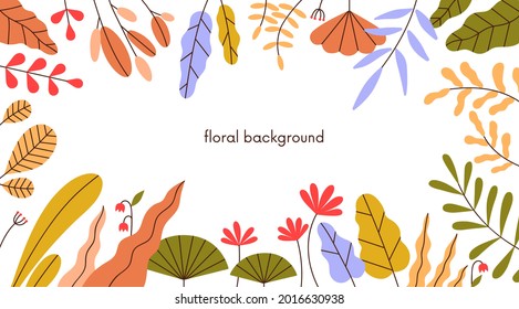 Floral Frame Of Autumn Leaf, Herbs And Flowers On White Background. Horizontal Banner With Abstract Fall Leaves. Autumnal Border Of Foliage Plants. Modern Botanical Flat Vector Illustration