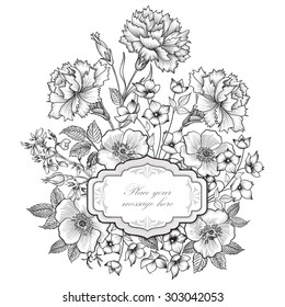 Floral frame background. Flower bouquet border. Floral vintage cover. Flourish card with copy space.