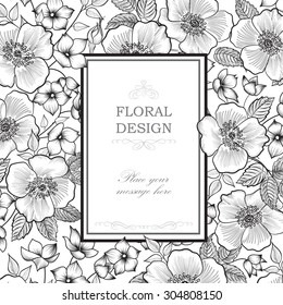 Floral frame background. Flower bouquet border. Floral vintage cover. Flourish card with copy space.