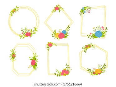 Diseño de conjunto de fondo de marco floral, elementos florales de boho. Tarjeta geométrica de boda vacía y creativa a la moda. Marco de plantilla botánico, composición de diseño abstracto. Espacio para texto. Ilustración del vector