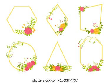 Diseño de conjunto de fondo de marco floral con elementos florales. Tarjeta geométrica de boda vacía y creativa a la moda. Marco de plantilla botánica floral, composición de diseño abstracto. Espacio para texto. Ilustración del vector
