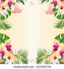 Floral frame background witht ropical flowers  floral arrangement, with beautiful yellow orchid palm,philodendron and Brugmansia  vintage vector illustration  editable hand draw