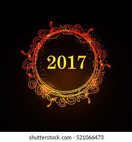 Floral Frame based Line Art New Year Greeting Card with Stylish text of Happy New Year 2017 on abstract and shining black background, can be use as wallpaper , banner or poster.