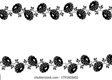 Floral frame based on traditional folk art ornaments on white background. Ornate border with black flowers. Vector stock illustration for wallpaper, posters, card. Scandinavian style. Copy space.