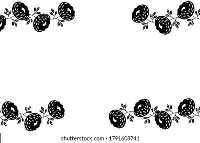 Floral frame based on traditional folk art ornaments on white background. Ornate border with black flowers. Vector stock illustration for wallpaper, posters, card. Scandinavian style. Copy space.
