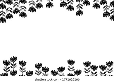 Floral frame based on traditional folk art ornaments on white background. Ornate border with black flowers. Vector stock illustration for wallpaper, posters, card. Scandinavian style. Copy space.