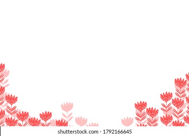 Floral frame based on traditional folk art ornaments on white background. Ornate border with pink flowers. Vector stock illustration for wallpaper, posters, card. Scandinavian style. Copy space.