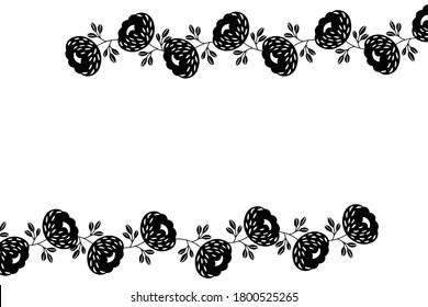 Marco floral basado en ornamentos tradicionales de arte folclórico sobre fondo blanco. Borde ordenado con flores negras. Ilustración vectorial para papel tapiz, carteles, tarjeta. Estilo escandinavo. Copiar espacio.