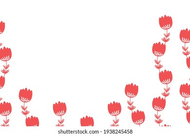 Floral frame based on traditional folk art ornaments on white background. Ornate border with pink flowers. Vector stock illustration for wallpaper, posters, card. Scandinavian style. Copy space.