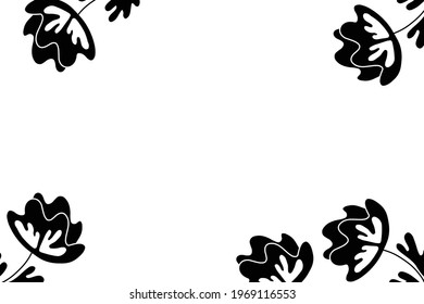 Floral frame based on traditional folk art ornaments. Black and white background. Ornate border with flowers. Vector illustration for wallpaper, posters, card. Scandinavian style. Copy space.