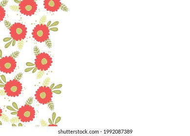 Floral frame based on traditional folk art ornaments on white background. Ornate border with pink flowers. Vector stock illustration for wallpaper, posters, card. Scandinavian style. Copy space.