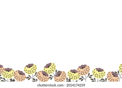Floral frame based on traditional folk art ornaments on white background. Ornate border with pink flowers. Vector stock illustration for wallpaper, posters, card. Scandinavian style. Copy space.