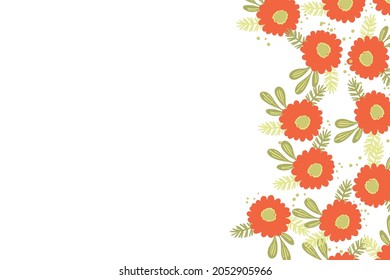 Floral frame based on traditional folk art ornaments on white background. Ornate border with pink flowers. Vector stock illustration for wallpaper, posters, card. Scandinavian style. Copy space.