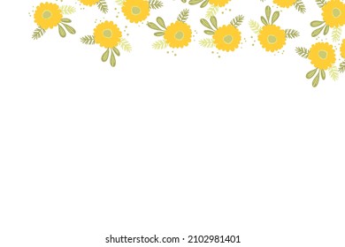 Floral frame based on traditional folk art ornaments on white background. Ornate border with blue flowers. Vector stock illustration for wallpaper, posters, card. Scandinavian style. Copy space.