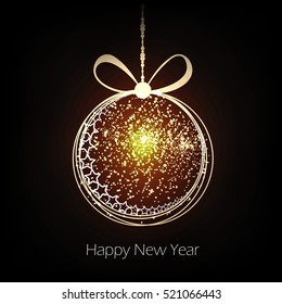 Floral Frame based Ribbon style New Year Greeting Card with Happy New Year text on abstract golden and shining  background and glitter inside , can be use as wallpaper , doodle , banner or poster. 
