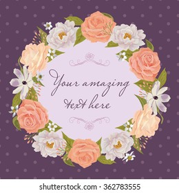 Floral Frame. Beautiful greeting card with floral wreath. Bright illustration, can be used as creating card, invitation card for wedding,birthday and other holiday and cute summer background. EPS 10