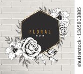 Floral frame beige brick wall background vector