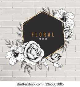 Vector de fondo de pared de ladrillo beige de marco floral