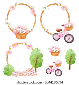 Marco floral con bicicleta y árbol. Juego de flores de color de agua de marco. Flor de alstromería color agua colorida. Flor botánica floral. para decoraciones de diseño gráfico, diseño de productos y tarjeta