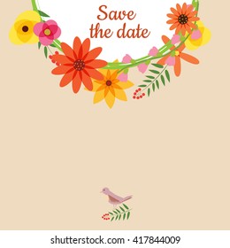 Floral frame with bird card, invitation, illustration, vector