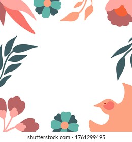 Floral frame with bird. Vector decorative square frame with stylised flowers and bird. Decoration in naive Scandinavian style.