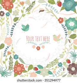 Floral frame with birds in pale colors