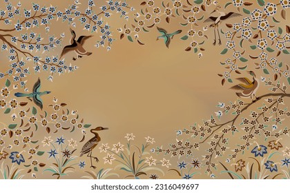 Floral Frame with birds for your design. Traditional Islamic Design. Mosque decoration element. Elegance Background with Text input area in a center. Suitable for greeting card, poster, invitation