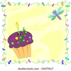 Floral Frame with Birthday Cupcake and Dragonfly Vector