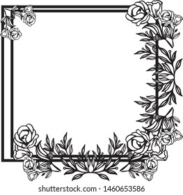 Floral frame black and white, isolated on a white backdrop, design beautiful card. Vector