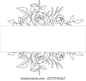 floral frame with black and white sketch of roses, concept for a wedding invitation or greeting card