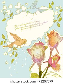 floral frame with blooming roses and colorful birds