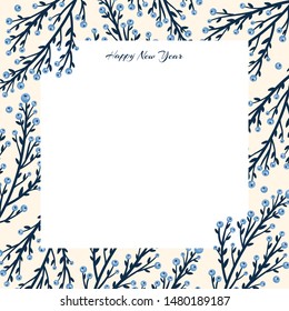 Floral frame with blue beriies and decorative leaves. Invitation design. Background to save the date.Greeting cards.